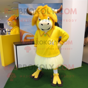 Lemon Yellow Yak mascot costume character dressed with a Pencil Skirt and Shoe clips