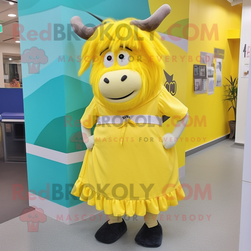 Lemon Yellow Yak mascot costume character dressed with a Pencil Skirt and Shoe clips Lemon Yellow Yak mascot costume character dressed with a Pencil Skirt and Shoe clips