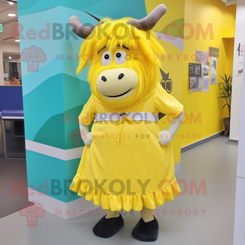 Lemon Yellow Yak mascot costume character dressed with a Pencil Skirt and Shoe clips