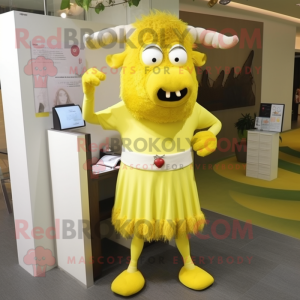 Lemon Yellow Yak mascot costume character dressed with a Pencil Skirt and Shoe clips