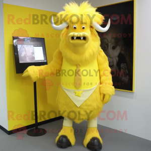 Lemon Yellow Yak mascot costume character dressed with a Pencil Skirt and Shoe clips