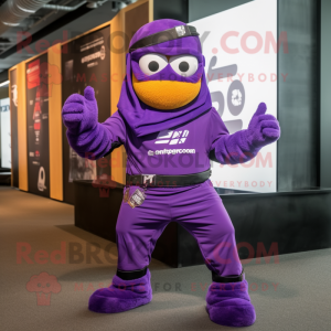 Purple Commando mascot costume character dressed with a Board Shorts and Scarf clips