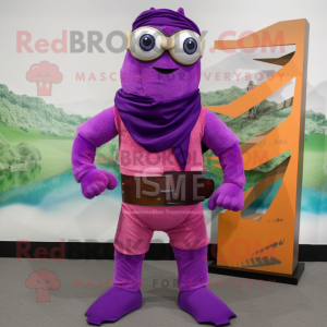 Purple Commando mascot costume character dressed with a Board Shorts and Scarf clips