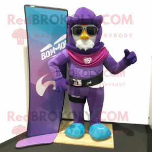Purple Commando mascot costume character dressed with a Board Shorts and Scarf clips