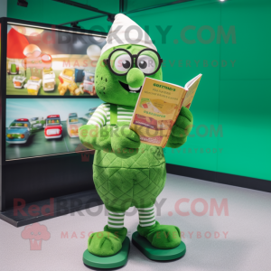 Green Ice Cream mascot costume character dressed with a Dungarees and Reading glasses