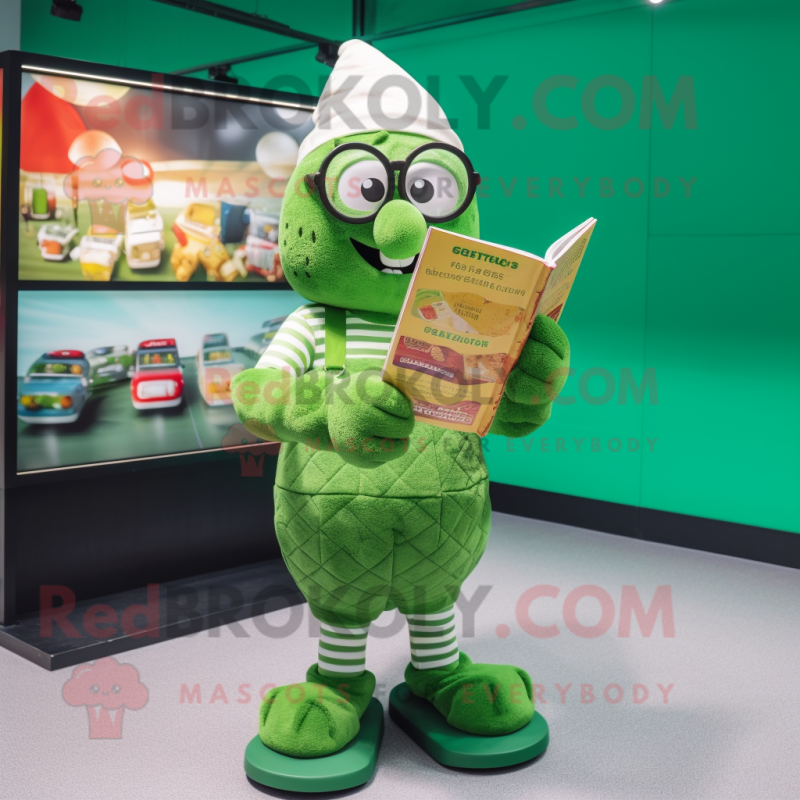 Green Ice Cream mascot costume character dressed with a Dungarees and Reading glasses Green Ice Cream mascot costume character dressed with a Dungarees and Reading glasses