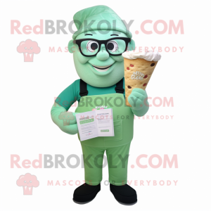 Green Ice Cream mascot costume character dressed with a Dungarees and Reading glasses