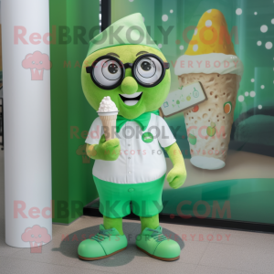 Green Ice Cream mascot costume character dressed with a Dungarees and Reading glasses