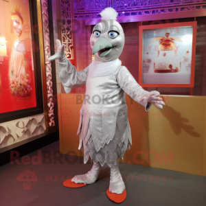 Silver Butter Chicken mascot costume character dressed with a Culottes and Brooches