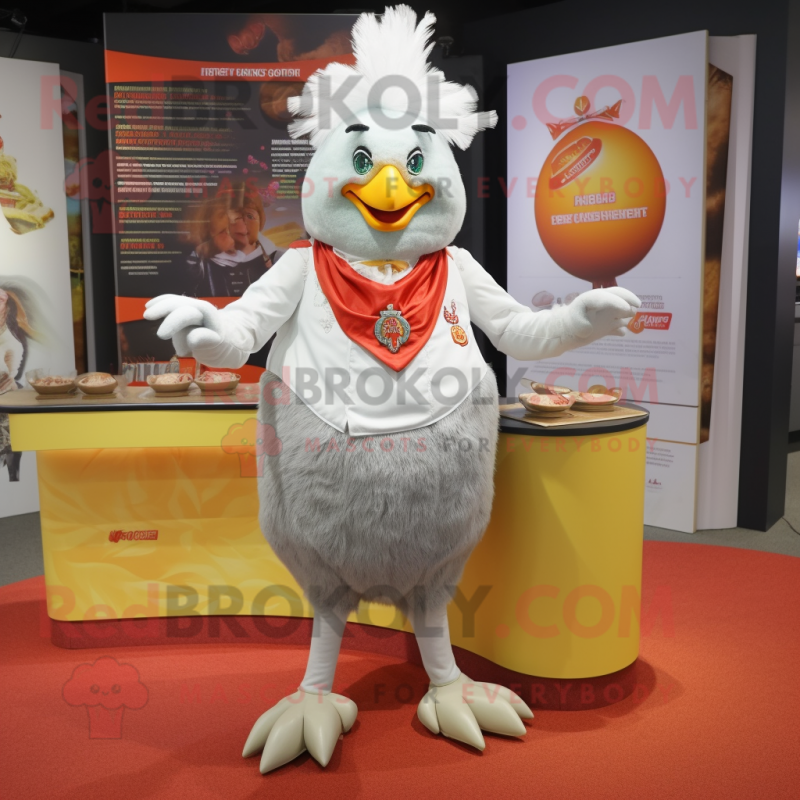 Silver Butter Chicken mascot costume character dressed with a Culottes and Brooches Silver Butter Chicken mascot costume character dressed with a Culottes and Brooches