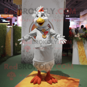 Silver Butter Chicken mascot costume character dressed with a Culottes and Brooches