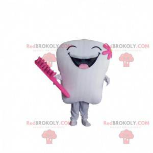 Reusachtige witte en roze tand mascotte, tandkostuum -