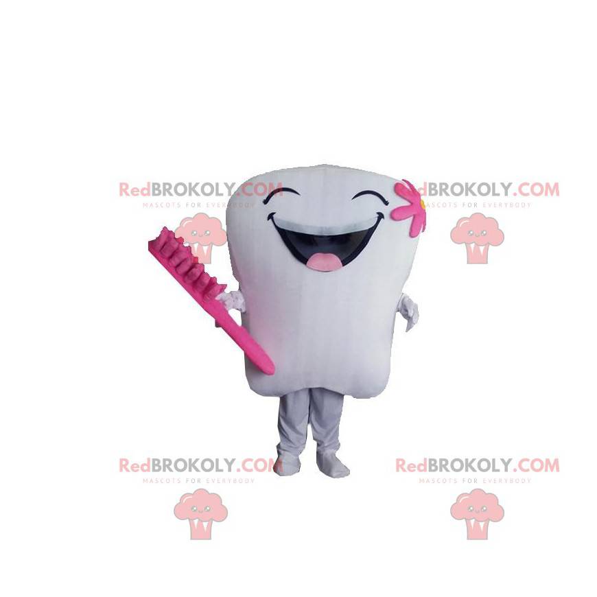 Reusachtige witte en roze tand mascotte, tandkostuum -