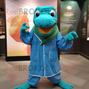 Turquoise Anaconda mascot costume character dressed with a Raincoat and Headbands