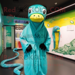 Turquoise Anaconda mascot costume character dressed with a Raincoat and Headbands