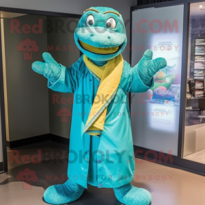 Turquoise Anaconda mascot costume character dressed with a Raincoat and Headbands