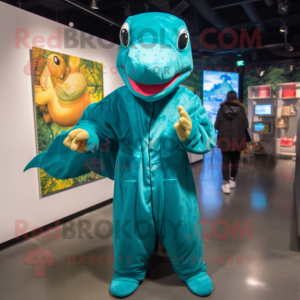 Turquoise Anaconda mascot costume character dressed with a Raincoat and Headbands