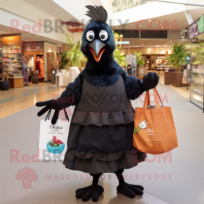 Black Quail mascot costume character dressed with a Maxi Skirt and Tote bags