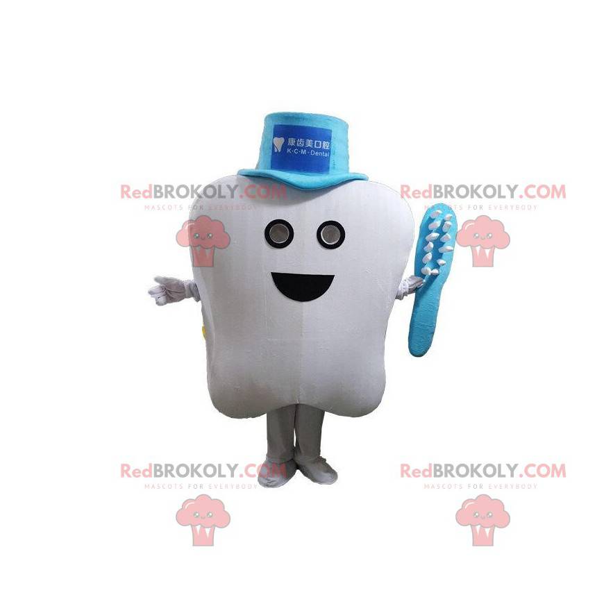 Maskot bílý zub s kloboukem a kartáček na zuby - Redbrokoly.com