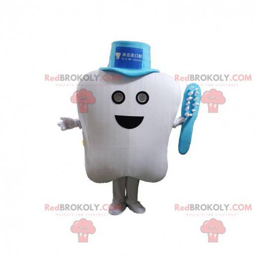 Maskot bílý zub s kloboukem a kartáček na zuby - Redbrokoly.com