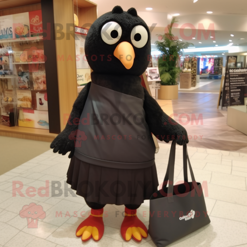 Black Quail mascot costume character dressed with a Maxi Skirt and Tote bags