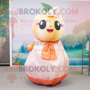 Peach Dim Sum mascot costume character dressed with a A-Line Skirt and Ties