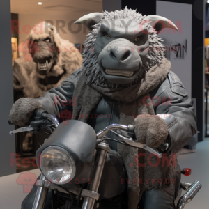 Gray Woolly Rhinoceros mascot costume character dressed with a Biker Jacket and Shawls