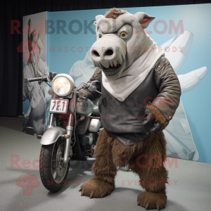 Gray Woolly Rhinoceros mascot costume character dressed with a Biker Jacket and Shawls