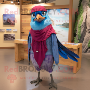 Magenta Blue Jay mascot costume character dressed with a Chambray Shirt and Shawls