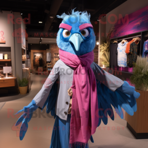 Magenta Blue Jay mascot costume character dressed with a Chambray Shirt and Shawls