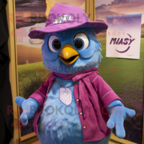 Magenta Blue Jay mascot costume character dressed with a Chambray Shirt and Shawls