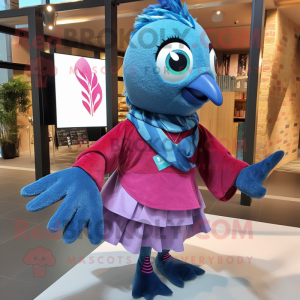 Magenta Blue Jay mascot costume character dressed with a Chambray Shirt and Shawls