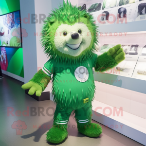 Green Porcupine mascot costume character dressed with a V-Neck Tee and Brooches