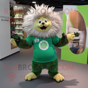 Green Porcupine mascot costume character dressed with a V-Neck Tee and Brooches