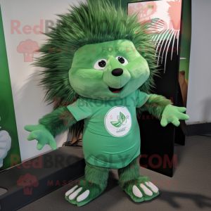 Green Porcupine mascot costume character dressed with a V-Neck Tee and Brooches