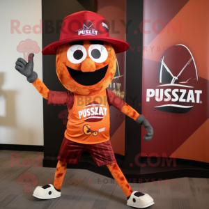Rust Pizza mascot costume character dressed with a Running Shorts and Hat pins