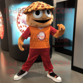 Rust Pizza mascot costume character dressed with a Running Shorts and Hat pins