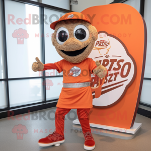 Rust Pizza mascot costume character dressed with a Running Shorts and Hat pins
