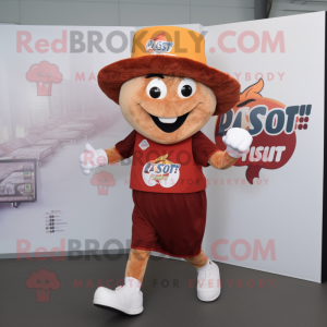 Rust Pizza mascot costume character dressed with a Running Shorts and Hat pins