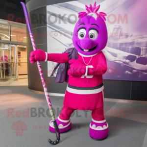 Magenta Ice Hockey Stick mascot costume character dressed with a Evening Gown and Handbags