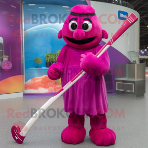 Magenta Ice Hockey Stick mascot costume character dressed with a Evening Gown and Handbags
