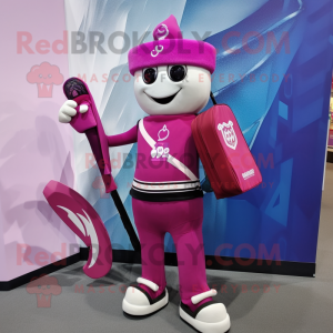 Magenta Ice Hockey Stick mascot costume character dressed with a Evening Gown and Handbags