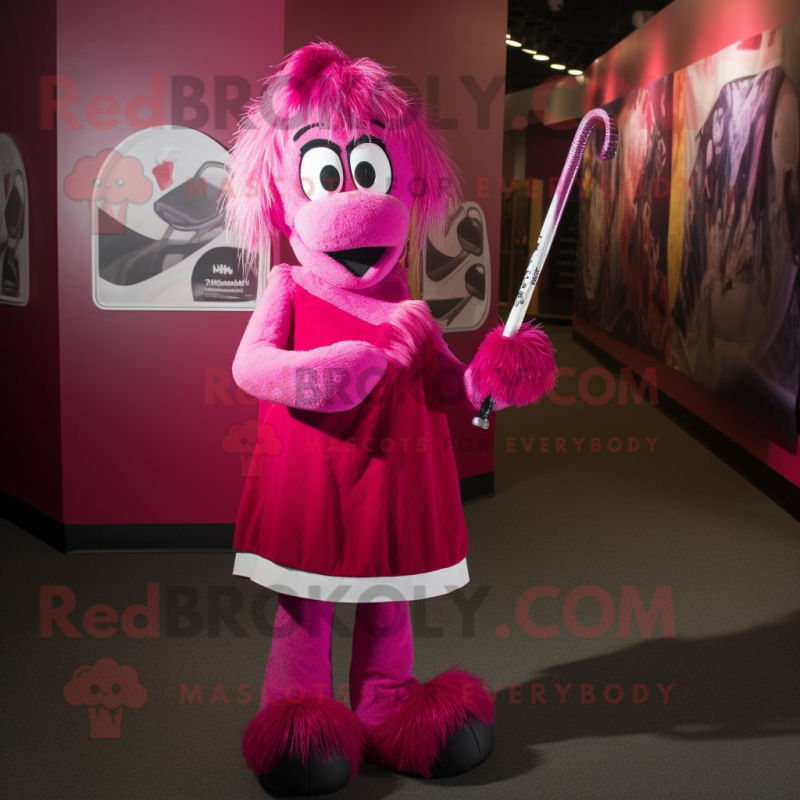 Magenta Ice Hockey Stick mascot costume character dressed with a Evening Gown and Handbags