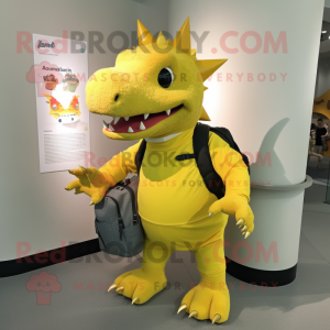 Lemon Yellow Stegosaurus mascot costume character dressed with a Henley Tee and Backpacks