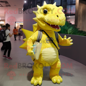 Lemon Yellow Stegosaurus mascot costume character dressed with a Henley Tee and Backpacks