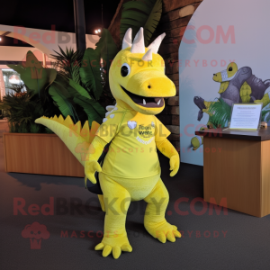 Lemon Yellow Stegosaurus mascot costume character dressed with a Henley Tee and Backpacks