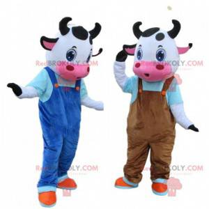2 mascotte di mucca vestite, costumi da fattoria -