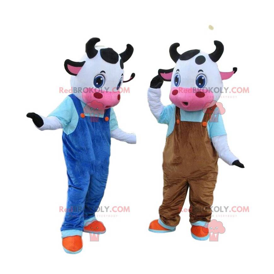 2 mascottes de vaches habillées, costumes de la ferme -