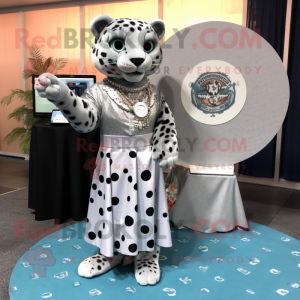 Silver Jaguar mascot costume character dressed with a Circle Skirt and Coin purses