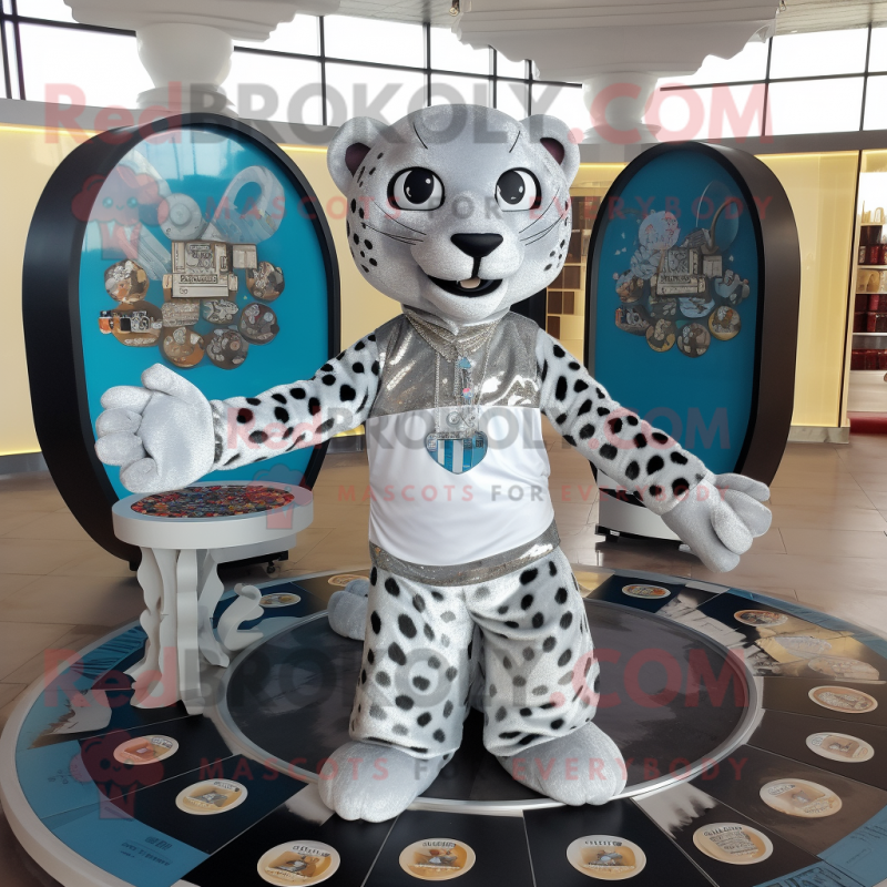 Silver Jaguar mascot costume character dressed with a Circle Skirt and Coin purses Silver Jaguar mascot costume character dressed with a Circle Skirt and Coin purses